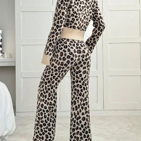 Multicolor Casual Women's Knit Sweater & Wide Leg Leopard Print Pants Set - Picture 7 of 7